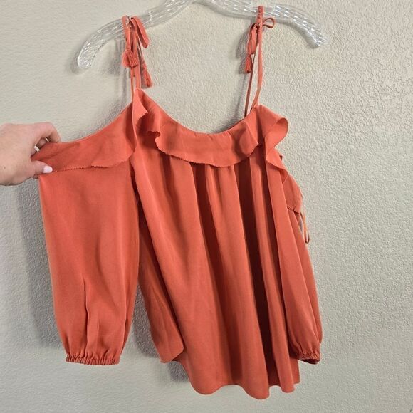 JOIE 100% Silk Cold Shoulder Top Womens Small S Orange Tie Strap Boho Peasant - Picture 5 of 9